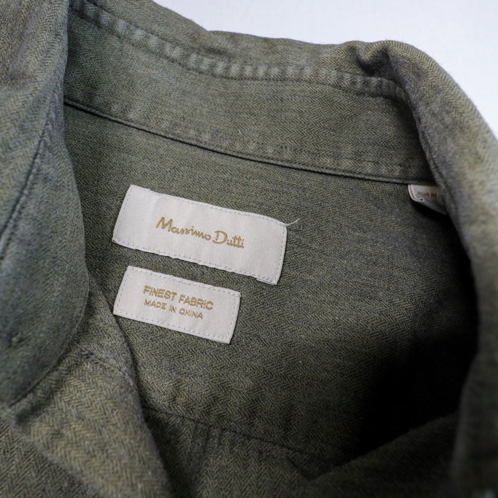 Massimo Dutti Button Down Shirt Mens Medium Olive Green Herringbone Cotton Long - Picture 5 of 13